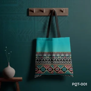 Naqsh o Nigaar Tote Bag with Colorful Geometric Tribal Pattern Print on Teal Background PQT-001, Teal Shopping Bag featuring Intricate Traditional Ethnic Design with Black White Pink and Yellow Accents, Durable Polyester Tote Bag with Ornate Geometric Naqsh o Nigaar Art PQT-001, Teal Tote Bag with Black Handles and Rich Cultural Pattern Print PQT-001
