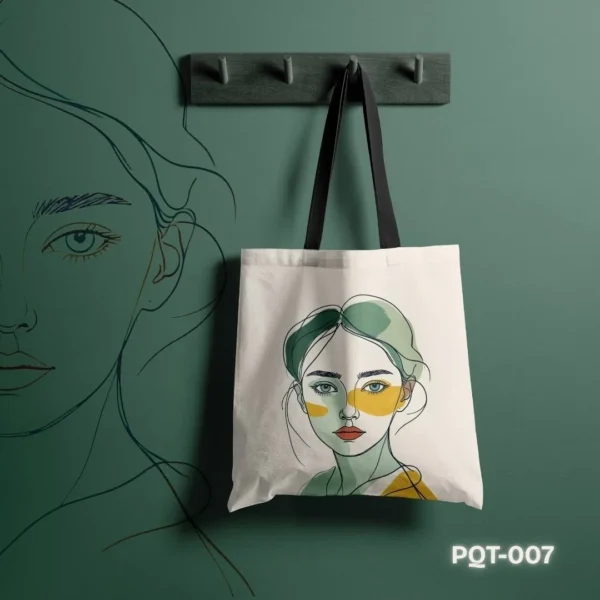 Chehra Tote Bag with Abstract Line Art Woman's Face Print PQT-007, White Shopping Bag featuring Modern Minimalist Portrait with Green and Yellow Accents, Durable Polyester Tote Bag with Artistic Face Illustration 'Chehra' Design PQT-007, Cream Tote Bag with Black Handles and Contemporary Line Drawing Portrait PQT-007