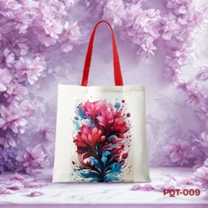 Petal Strokes Tote Bag with Abstract Watercolor Floral Print in Pink and Blue PQT-009, White Shopping Bag featuring Vibrant Ink Splash Flower Design, Durable Polyester Tote Bag with Artistic Botanical Art PQT-009, Cream Tote Bag with Red Handles and Colorful Abstract Floral Graphic PQT-009