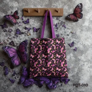 Pink Flies Tote Bag with Vibrant Pink and Purple Butterfly Floral Print on Black Background PQT-010, Dark Shopping Bag featuring Whimsical Pink Yellow and Purple Butterfly Pattern Design, Durable Polyester Tote Bag with Enchanting Butterfly and Flower Art PQT-010, Black Tote Bag with Purple Handles and Colorful Butterfly Meadow Print PQT-010
