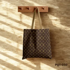 Royale Tote Bag with Classic Brown Monogram Print PQT-030, Brown Shopping Bag featuring Luxury Fashion Inspired LV Style Initial Pattern, Durable Polyester Tote Bag with Timeless Designer Monogram Design PQT-030, Brown Tote Bag with Tan Handles and Iconic Fashion House Inspired Print PQT-030
