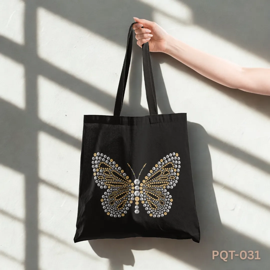 Butterfly Wings Tote Bag with Gold and Silver Rhinestone Studded Butterfly Design PQT-031, Black Shopping Bag featuring Glamorous Bejeweled Butterfly Motif, Durable Polyester Tote Bag with Sparkling Crystal Butterfly Art PQT-031, Black Tote Bag with Embellished Gold and Silver Butterfly PQT-031