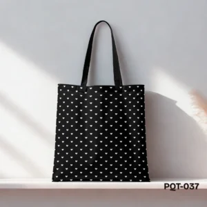 Heart Dot Tote Bag with White Mini Hearts Print on Black Background PQT-037, Black Shopping Bag featuring Dainty White Heart Polka Dot Pattern Design, Durable Polyester Tote Bag with Cute Romantic Heart Motif Art PQT-037, Black Tote Bag with Small White Hearts and Black Handles PQT-037