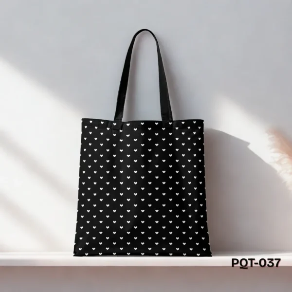 Heart Dot Tote Bag with White Mini Hearts Print on Black Background PQT-037, Black Shopping Bag featuring Dainty White Heart Polka Dot Pattern Design, Durable Polyester Tote Bag with Cute Romantic Heart Motif Art PQT-037, Black Tote Bag with Small White Hearts and Black Handles PQT-037