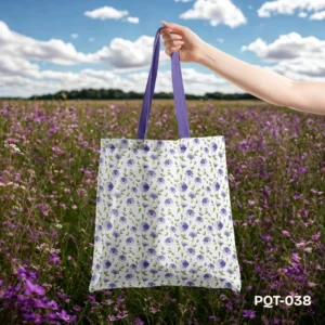 Flora Mist Tote Bag with Dainty Purple Wildflower Print on White Background PQT-038, White Shopping Bag featuring Delicate Lavender Blue Cornflower Pattern Design, Durable Polyester Tote Bag with Subtle Spring Floral Art PQT-038, White Tote Bag with Small Purple Flowers and Purple Handles PQT-038