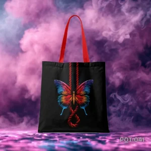 Metamorph Noose Tote Bag with Rainbow Butterfly and Red Rope Design PQT-041, Black Shopping Bag featuring Symbolic Art of Colorful Butterfly and Noose, Durable Polyester Tote Bag with Striking Metamorphosis Themed Graphic PQT-041, Black Tote Bag with Red Handles and Vibrant Butterfly with Rope Art PQT-041