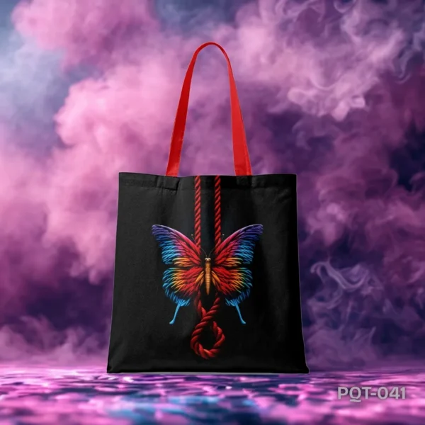 Metamorph Noose Tote Bag with Rainbow Butterfly and Red Rope Design PQT-041, Black Shopping Bag featuring Symbolic Art of Colorful Butterfly and Noose, Durable Polyester Tote Bag with Striking Metamorphosis Themed Graphic PQT-041, Black Tote Bag with Red Handles and Vibrant Butterfly with Rope Art PQT-041