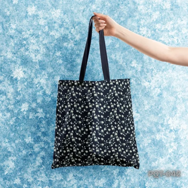 Midnight Blossom Tote Bag with Dainty White Floral Print on Dark Navy Blue Background PQT-042, Dark Blue Shopping Bag featuring Small White Flowers and Stems Pattern Design, Durable Polyester Tote Bag with Delicate Dark Floral Calico Art PQT-042, Navy Tote Bag with Tiny White Wildflowers and Dark Blue Handles PQT-042