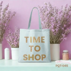 Golden Hour Tote Bag with 'Time to Shop' Gold Glitter Text Print PQT-045, Light Blue Shopping Bag featuring Sparkly Gold Typography Design, Durable Polyester Tote Bag with Fun Shopping Quote Art PQT-045, Pale Blue Tote Bag with Gold Glitter Lettering and Light Blue Handles PQT-045