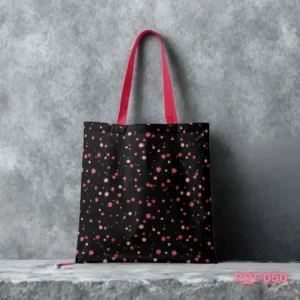 Dusky Petals Tote Bag with Ditsy Pink Floral Print on Black Background PQT-050, Black Shopping Bag featuring Small Pink Flowers and Green Leaves Pattern Design, Durable Polyester Tote Bag with Delicate Dark Floral Calico Art PQT-050, Black Tote Bag with Tiny Pink Flowers and Bright Pink Handles PQT-050