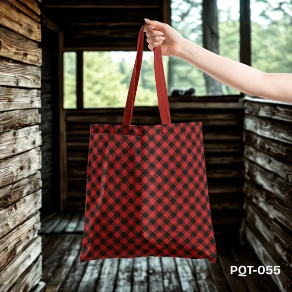 The Checkmate Tote Bag with Red and Black Checkered Pattern Print PQT-055, Red Shopping Bag featuring Classic Gingham Plaid Design, Durable Polyester Tote Bag with Bold Red and Black Check Print PQT-055, Red and Black Tote Bag with Red Handles and Timeless Checked Pattern PQT-055