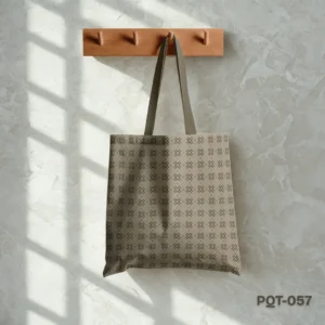 Thread Story Tote Bag with Geometric Stitch Pattern Print in Taupe and Brown PQT-057, Beige Shopping Bag featuring Minimalist Repeating Cross and Dot Design, Durable Polyester Tote Bag with Understated Traditional Textile Inspired Art PQT-057, Taupe Tote Bag with Brown Handles and Subtle Geometric Motif PQT-057