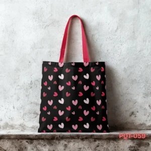 Lover's Bloom Tote Bag with Pink Hearts Print on Black Background PQT-059, Black Shopping Bag featuring Dainty Multi-Shade Pink Heart Pattern Design, Durable Polyester Tote Bag with Cute Romantic Love Heart Motif Art PQT-059, Black Tote Bag with Small Pink Hearts and Red Handles PQT-059