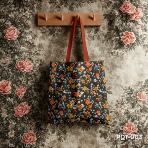 Wild Rush Tote Bag with Colorful Ditsy Floral Print on Black Background PQT-063, Black Shopping Bag featuring Vibrant Orange Blue White and Red Small Flowers Design, Durable Polyester Tote Bag with Cheerful Meadow Flower Pattern PQT-063, Black Tote Bag with Multi-Color Wildflower Print and Brown Handles PQT-063