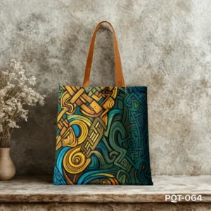 Zarna Flow Tote Bag with Abstract Swirl and Knot Pattern Print in Teal Gold and Brown PQT-064, Colorful Shopping Bag featuring Intricate Celtic Inspired Tribal Art Design, Durable Polyester Tote Bag with Ornate Flowing Geometric Pattern PQT-064, Teal and Gold Tote Bag with Brown Handles and Rich Abstract Artwork PQT-064