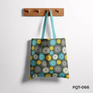 Sunshine Mood Tote Bag with Retro Daisy Floral Print in Yellow Blue and Grey PQT-066, Dark Grey Shopping Bag featuring Cheerful Stylized Flower Pattern Design, Durable Polyester Tote Bag with Bold Mod Floral Art PQT-066, Grey Tote Bag with Teal Handles and Yellow Blue Grey Daisy Print PQT-066