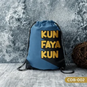 "Kun Faya Kun Drawstring Bag with Islamic Quranic Phrase in Golden Print on Blue Background CDB-002", "Spiritual Sling Bag featuring Arabic Calligraphy 'Be, and it is'", "Durable Polyester Drawstring Bag with Inspirational Islamic Message CDB-002".
