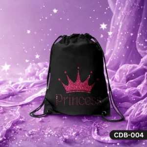 "Princess Drawstring Bag with Pink Glitter Crown and Princess Script Print on Black Background CDB-004", "Kids Girls Sling Bag featuring Sparkly Pink Royal Crown Design", "Durable Polyester Children's Bag with Princess Typography and Tiara Art CDB-004".
