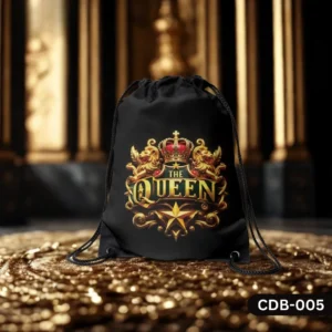 "The Queen Drawstring Bag with Golden Royal Crest Lion and Crown Print on Black Background CDB-005", "Luxurious Black Sling Bag featuring 'THE QUEEN' Typography and Ornate Gold Emblem", "Durable Polyester Drawstring Bag with Regal Queen Design CDB-005".