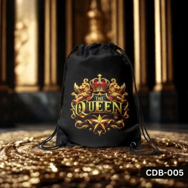 "The Queen Drawstring Bag with Golden Royal Crest Lion and Crown Print on Black Background CDB-005", "Luxurious Black Sling Bag featuring 'THE QUEEN' Typography and Ornate Gold Emblem", "Durable Polyester Drawstring Bag with Regal Queen Design CDB-005".
