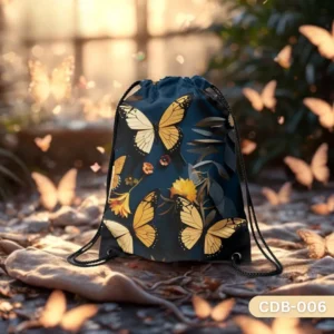 "Winged Wonder Drawstring Bag with Golden Yellow Butterflies and Floral Print on Teal Blue Background CDB-006", "Elegant Nature Themed Sling Bag featuring Luminous Yellow Butterfly Design", "Durable Polyester Drawstring Bag with Artistic Golden Butterfly Floral Art CDB-006".
