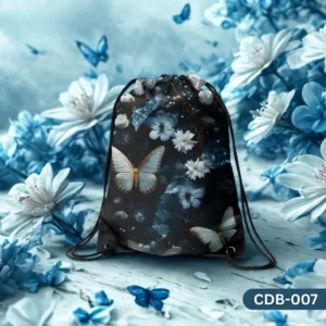 "Blue Butterfly Dream Drawstring Bag with Ethereal Cream and Blue Butterflies and White Flowers on Black Background Print CDB-007", "Mystical Nature Themed Sling Bag featuring Delicate Butterflies and Icy Blue Floral Design", "Durable Polyester Drawstring Bag with Enchanting Blue Butterfly Dream Art CDB-007".