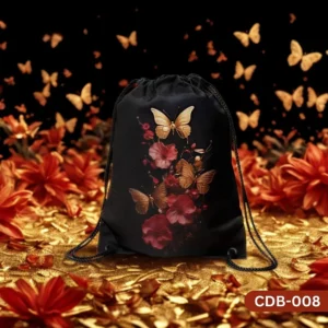 "Floral Wings Drawstring Bag with Golden Butterflies and Red Pink Flowers on Black Background Print CDB-008", "Luxurious Artistic Sling Bag featuring Gilded Butterfly and Floral Design", "Durable Polyester Drawstring Bag with Opulent Gold Butterfly Art CDB-008".