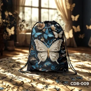 "Celestial Beauty Drawstring Bag with Intricate Cream and Blue Butterfly Floral Print on Black Background CDB-009", "Vintage Art Nouveau Style Sling Bag featuring Detailed Butterflies and Flowers", "Durable Polyester Drawstring Bag with Elegant Celestial Butterfly Design CDB-009".