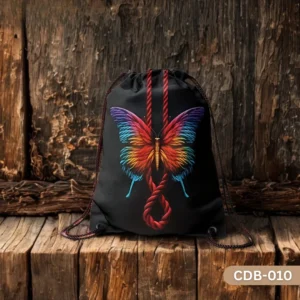 "Rainbow Butterfly Rope Drawstring Bag with Vibrant Butterfly and Red Rope on Black Background Print CDB-010", "Edgy Artistic Sling Bag featuring Colorful Butterfly and Symbolic Rope Design", "Durable Polyester Drawstring Bag with Unique Rainbow Butterfly Art CDB-010".