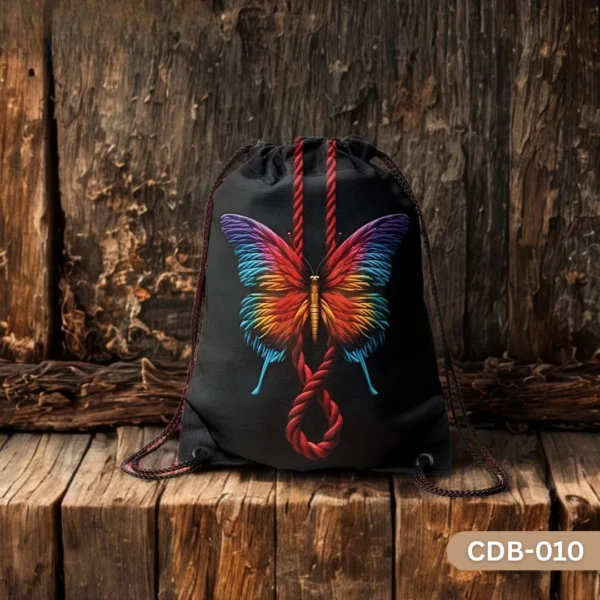 "Rainbow Butterfly Rope Drawstring Bag with Vibrant Butterfly and Red Rope on Black Background Print CDB-010", "Edgy Artistic Sling Bag featuring Colorful Butterfly and Symbolic Rope Design", "Durable Polyester Drawstring Bag with Unique Rainbow Butterfly Art CDB-010".