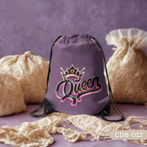 "Lavender Majesty Drawstring Bag with Queen Script and Crown Print on Purple Background CDB-012", "Stylish Girls Sling Bag featuring 'Queen' Typography with Pink and Black Accents", "Durable Polyester Drawstring Bag with Regal Crown and Queen Design CDB-012".
