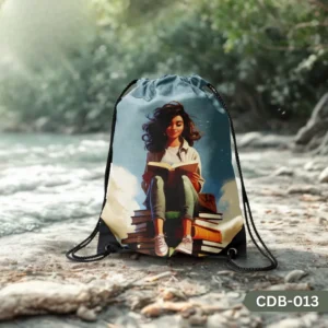 "Cozy Chapter Drawstring Bag with Girl Reading on Stack of Books Print CDB-013", "Book Lover Themed Sling Bag featuring Serene Reading Scene with Clouds", "Durable Polyester Drawstring Bag with Artistic Literary Illustration CDB-013".