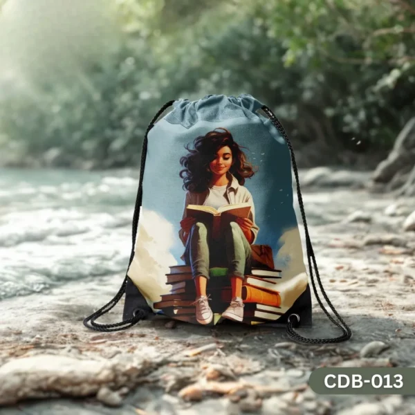 "Cozy Chapter Drawstring Bag with Girl Reading on Stack of Books Print CDB-013", "Book Lover Themed Sling Bag featuring Serene Reading Scene with Clouds", "Durable Polyester Drawstring Bag with Artistic Literary Illustration CDB-013".