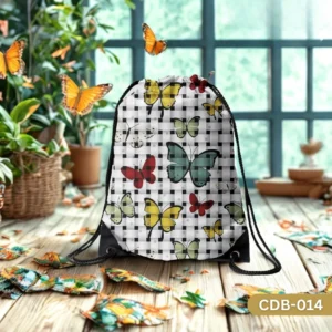 "Gulistan Drawstring Bag with Colorful Butterflies on Black and White Checkered Print CDB-014", "Nature Themed Sling Bag featuring Yellow Red Teal Butterflies on Gingham Pattern", "Durable Polyester Drawstring Bag with Whimsical Butterfly Garden Art CDB-014".