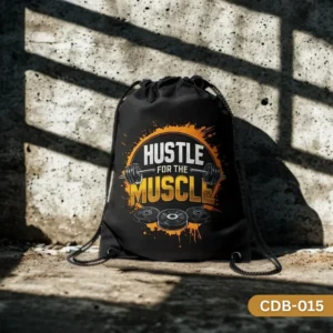 "Hustle Muscle Drawstring Bag with Gym Fitness Motivation Print CDB-015", "Black Sling Bag featuring 'Hustle for the Muscle' Text and Barbell Graphics", "Durable Polyester Workout Bag with Motivational Fitness Design CDB-015".
