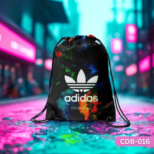 "ColorRush by Adidas Drawstring Bag with Vibrant Trefoil Logo and Abstract Color Splash Print CDB-016", "Black Sling Bag featuring Adidas Originals Logo with Rainbow Color Burst Design", "Durable Polyester Street Style Bag with Adidas Branding CDB-016".