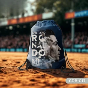 "Ronaldo Speedster Drawstring Bag with Cristiano Ronaldo UEFA Best Player Print CDB-017", "Blue Sling Bag featuring CR7 Football Legend Artistic Design", "Durable Polyester Soccer Fan Bag with Cristiano Ronaldo Tribute Art CDB-017".