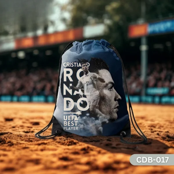 "Ronaldo Speedster Drawstring Bag with Cristiano Ronaldo UEFA Best Player Print CDB-017", "Blue Sling Bag featuring CR7 Football Legend Artistic Design", "Durable Polyester Soccer Fan Bag with Cristiano Ronaldo Tribute Art CDB-017".