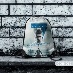 "CR7 Champion Drawstring Bag with Cristiano Ronaldo Football Legend Print CDB-019", "White and Blue Sling Bag featuring CR7 Number 7 and Stadium Design", "Durable Polyester Soccer Fan Bag with Cristiano Ronaldo Tribute Art CDB-019".