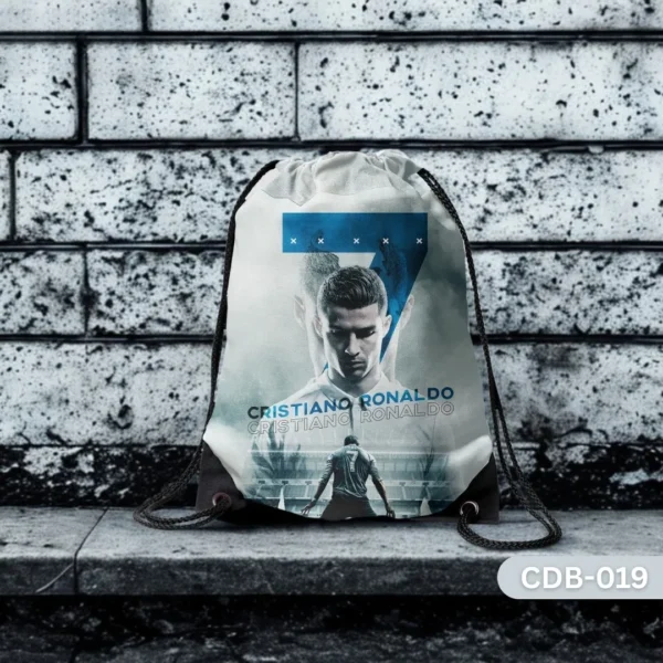 "CR7 Champion Drawstring Bag with Cristiano Ronaldo Football Legend Print CDB-019", "White and Blue Sling Bag featuring CR7 Number 7 and Stadium Design", "Durable Polyester Soccer Fan Bag with Cristiano Ronaldo Tribute Art CDB-019".