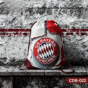 "FC Bayern Spirit Drawstring Bag with Bayern München Football Club Crest and Distressed Red White Background Print CDB-022", "Red and White Sling Bag featuring FC Bayern Logo and Chain Detail", "Durable Polyester Soccer Fan Bag with FC Bayern Design CDB-022".