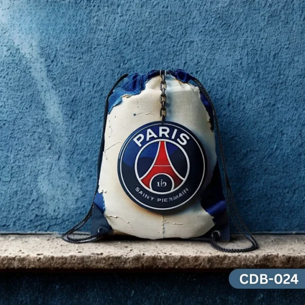 "Paris Saint-Germain Legacy Drawstring Bag with PSG Football Club Crest and Distressed Background Print CDB-024", "Blue Red White Sling Bag featuring Paris Saint-Germain Logo and Chain Detail", "Durable Polyester Soccer Fan Bag with PSG Design CDB-024".