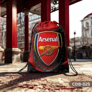 "The Arsenal Spirit Drawstring Bag with AFC Gunners Football Club Crest and Red Distressed Background Print CDB-025", "Red Sling Bag featuring Arsenal Cannon Logo and Chain Detail", "Durable Polyester Soccer Fan Bag with The Arsenal Design CDB-025".