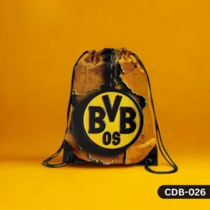"BVB Legacy Drawstring Bag with Borussia Dortmund Football Club Crest and Distressed Yellow Black Background Print CDB-026", "Black and Yellow Sling Bag featuring BVB 09 Logo and Chain Detail", "Durable Polyester Soccer Fan Bag with Borussia Dortmund Design CDB-026".