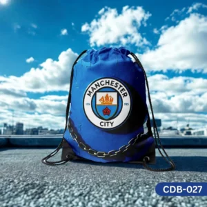 "Manchester City Drawstring Bag with Football Club Crest and Sky Blue Background Print CDB-027", "Blue Sling Bag featuring Manchester City FC Logo and Chain Detail", "Durable Polyester Soccer Fan Bag with Man City Design CDB-027".