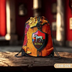 "Roma Legends Drawstring Bag with AS Roma Lupetto Crest and Distressed Orange Red Background Print CDB-028", "Red and Orange Sling Bag featuring Club AS Roma Logo and Chain Detail", "Durable Polyester Soccer Fan Bag with AS Roma Design CDB-028".