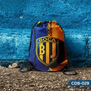 "La Mística Boca Drawstring Bag with Boca Juniors Football Club Crest and Distressed Blue Gold Background Print CDB-029", "Blue and Gold Sling Bag featuring Club Atlético Boca Juniors Logo and Chain Detail", "Durable Polyester Soccer Fan Bag with Boca Juniors Design CDB-029".