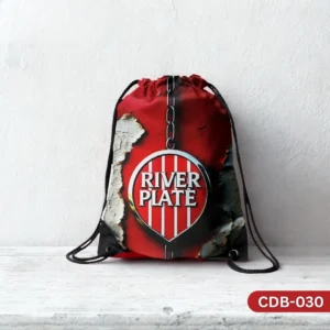 "River Plate Drawstring Bag with Football Club Crest and Distressed Red Background Print CDB-030", "Red and White Sling Bag featuring Club Atlético River Plate Logo", "Durable Polyester Soccer Fan Bag with River Plate Design CDB-030".