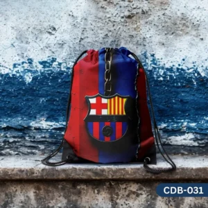 "FC Barcelona Drawstring Bag with FCB Club Crest and Distressed Blaugrana Background Print CDB-031", "Red and Blue Sling Bag featuring FC Barcelona Logo and Chain Detail", "Durable Polyester Soccer Fan Bag with Barça Design CDB-031".
