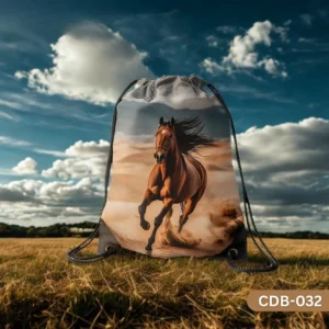 "Wild Stallion Drawstring Bag with Galloping Brown Horse in Desert Landscape Print CDB-032", "Equestrian Themed Sling Bag featuring Dynamic Running Horse Artwork", "Durable Polyester Nature Lover's Bag with Majestic Wild Stallion Design CDB-032". Keywords in Page Content (naturally): Wil